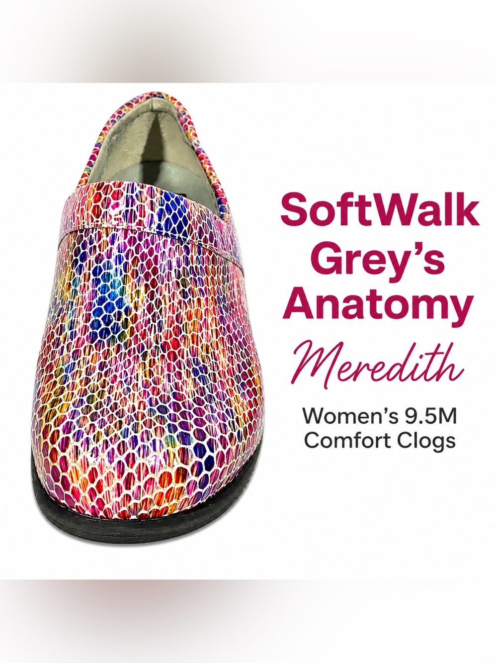 SoftWalk Grey’s Anatomy Meredith Rainbow Scale Clogs Women’s 9.5M Comfort Shoes